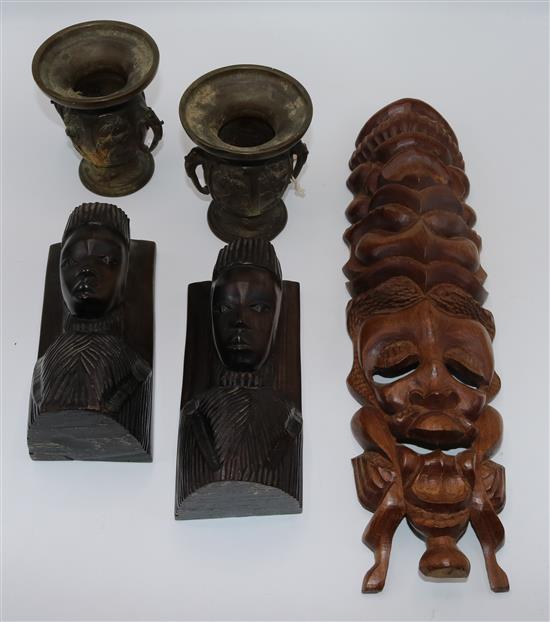 A pair of Japanese bronze vases and tribal carvings